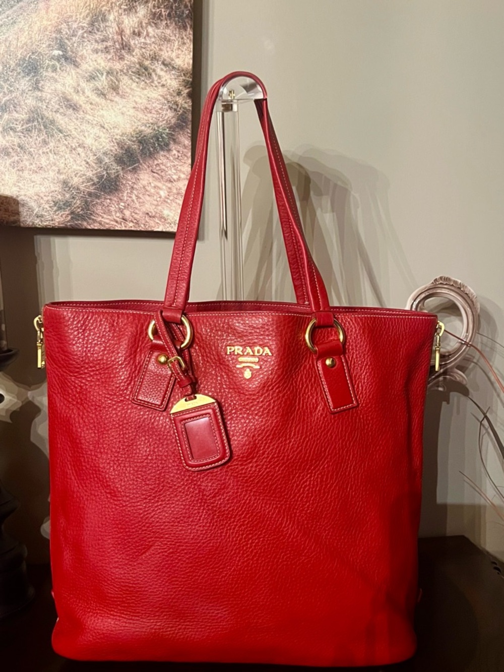 Prada Red Pebbled Leather Tote with Gold Hardware - Picture 16 of 16